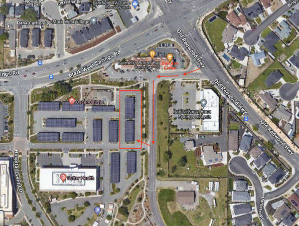 Map showing the Northeast parking lot of Sutter Health off of Mark West Springs Road and Old Redwood Highway in Santa Rosa, a common meeting point for Sonoma County cycling rides including Sugarland and Sutter Sundays.