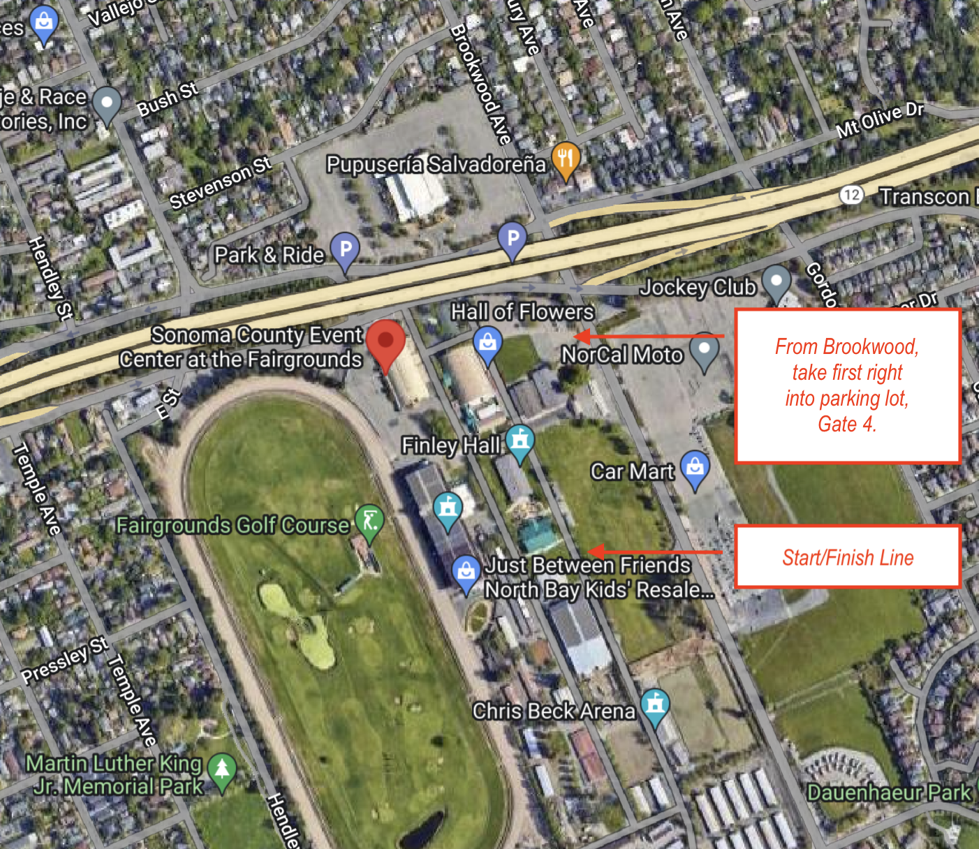 Directions to Tuesday Night Twilights (TNT) Criteriums at Sonoma County Fairgrounds. Park in the Northeast Parking lot with an entrance off of Brookwood through Gate 4.