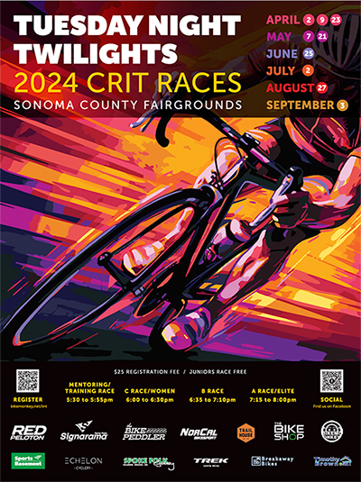 2024 Tuesday Night Twilight (TNT) criterium bike race poster. The TNT criterium series is an annual bike racing series that is a Sonoma County tradition. Now presented by Red Peloton bike racing team and cycling club at the Sonoma County Fairgrounds April through September.
